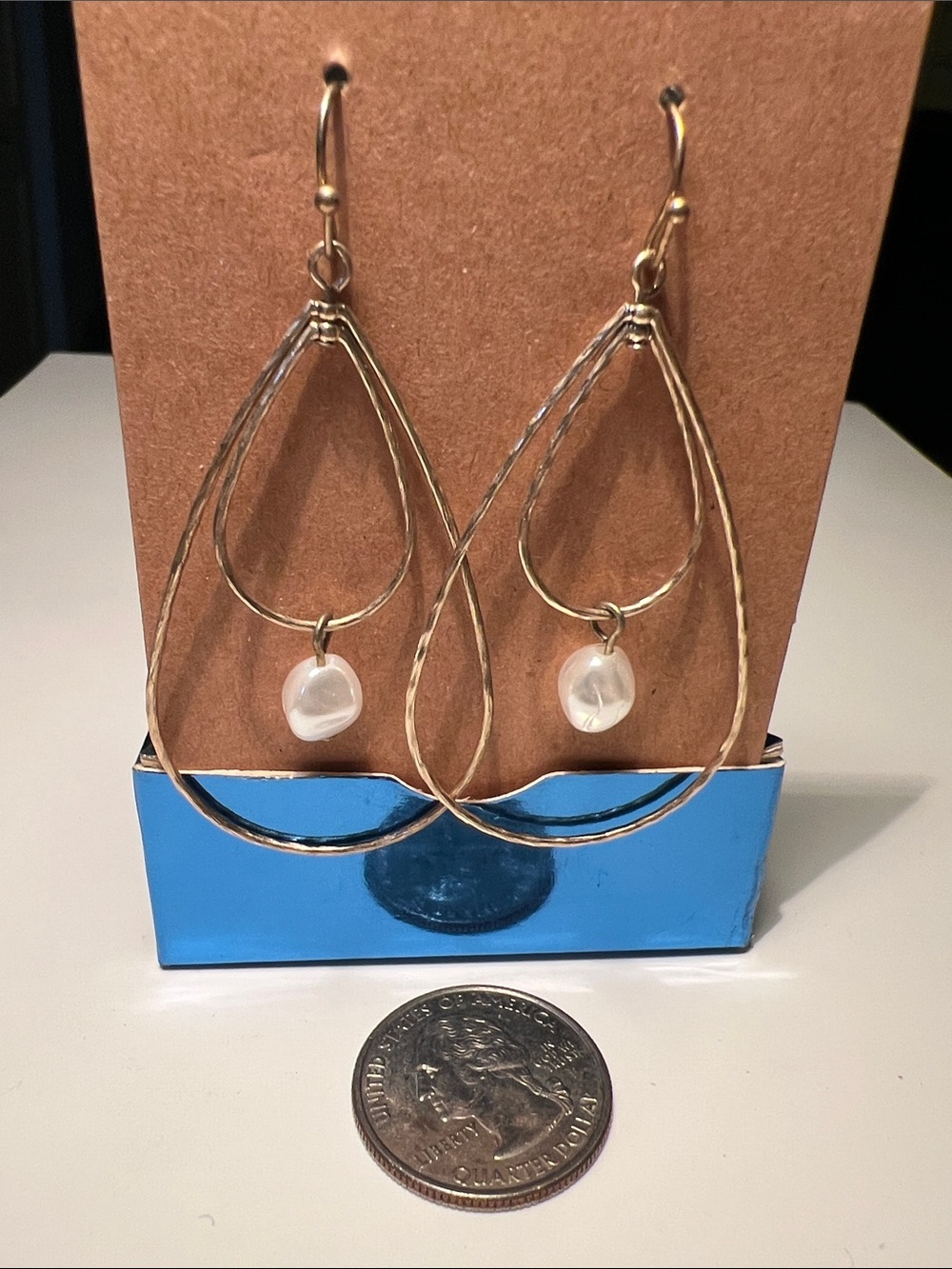 Gold Teardrop Double Hoop Earrings with White Pearl Drop